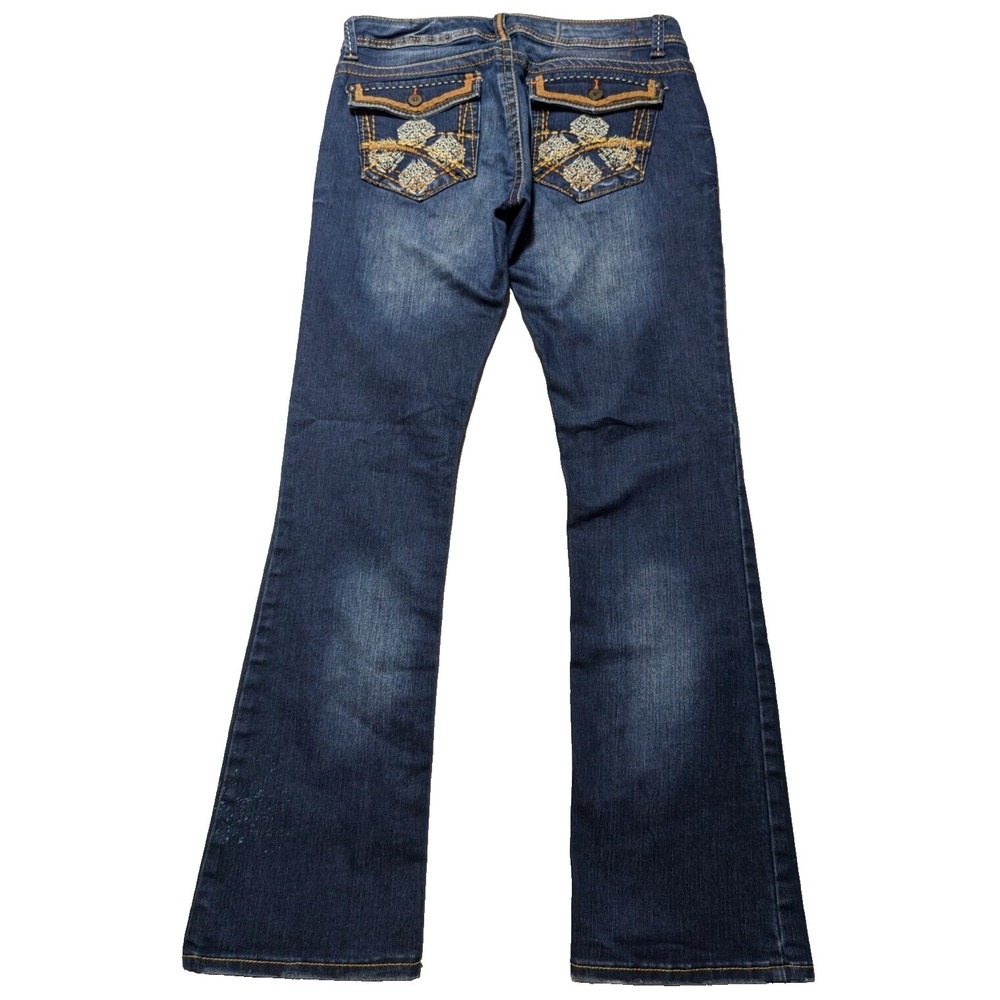 UNIONBAY SKINNY BOOT Juniors 7 Embellished Flap Stretch Denim Blue Jeans